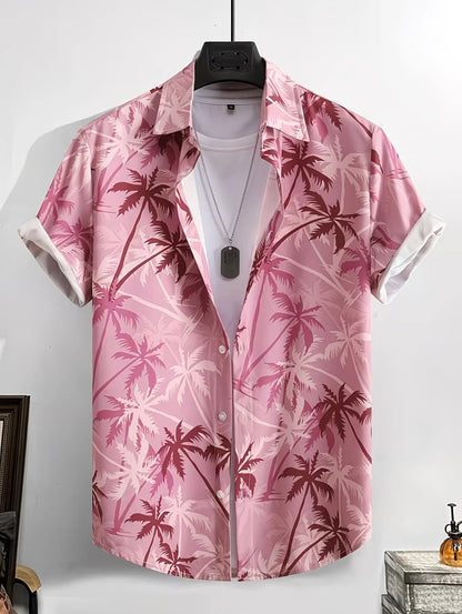 Men's Coconut Tree Graphic Print Short Sleeve Lapel Shirt Tops Men's Casual Button-Down Shirts for Summer Daily Wear Men Clothes