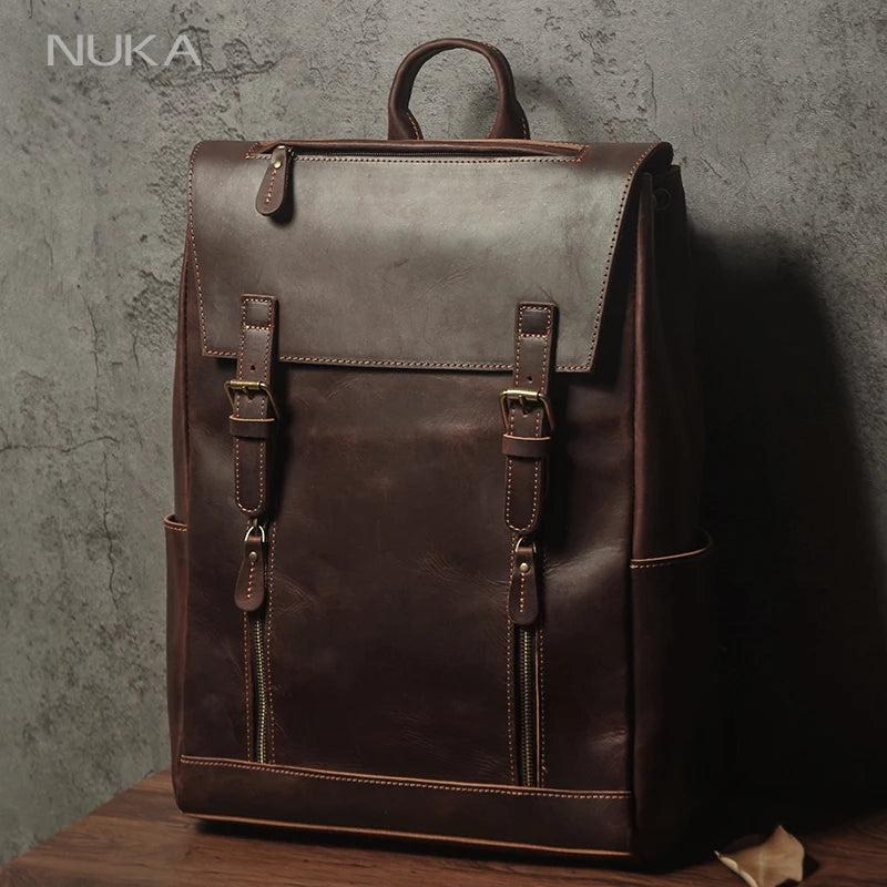 NUKA Men's Genuine Leather Backpack Vintage Outdoors Travel Bag Luxury Crazy Horse Cowhide Schoolbag Mountaineering Backpack