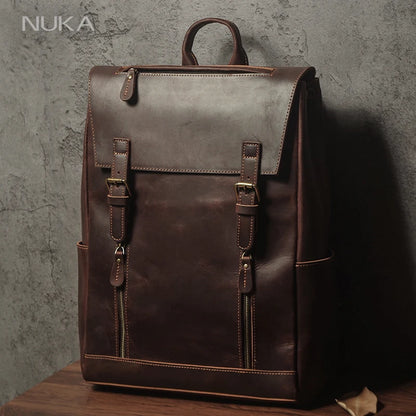 NUKA Men's Genuine Leather Backpack Vintage Outdoors Travel Bag Luxury Crazy Horse Cowhide Schoolbag Mountaineering Backpack