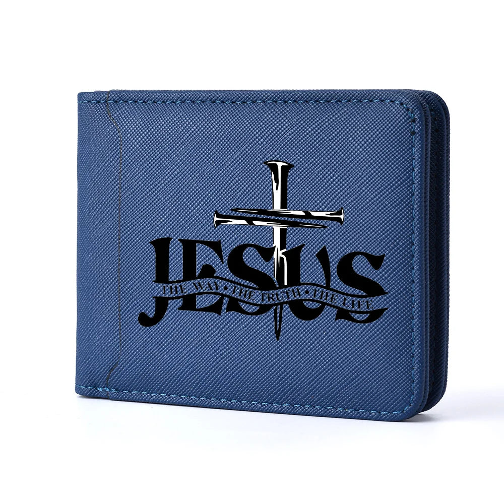 Men's Leather Simple Double-sided Wallet, Short Style, Casual Jesus Pattern, Thin Card Case, Men's Money Clip