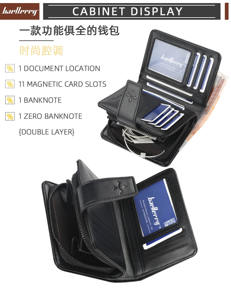 New Business Men Wallets Zipper Card Holder High Quality Male Purse New PU Leather Vintage Coin Holder Men Wallets