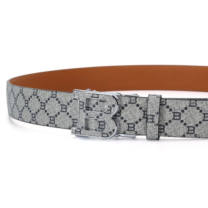 Classic B Print Leather Belt for Men - Adjustable Ratchet Buckle Dress Belt for Suits & Trousers