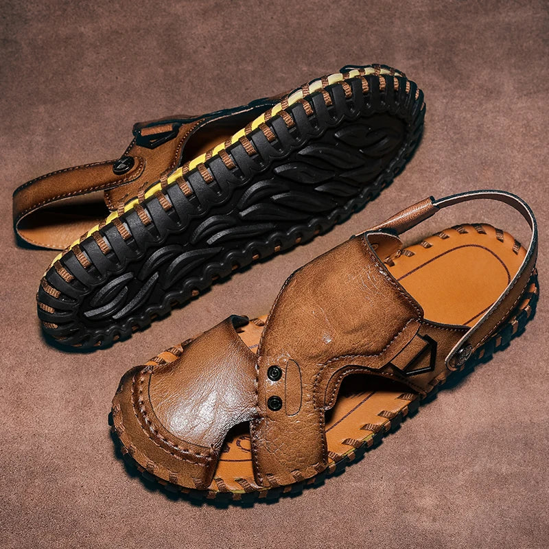 Handmade Men's Summer Sandals Genuine Leather Beach Rubber Flip Flops Classic Roman Male Sandals Outdoor Dual-Purpose Slippers