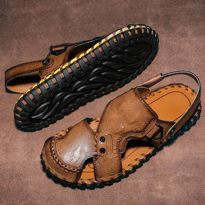 Handmade Men's Summer Sandals Genuine Leather Beach Rubber Flip Flops Classic Roman Male Sandals Outdoor Dual-Purpose Slippers