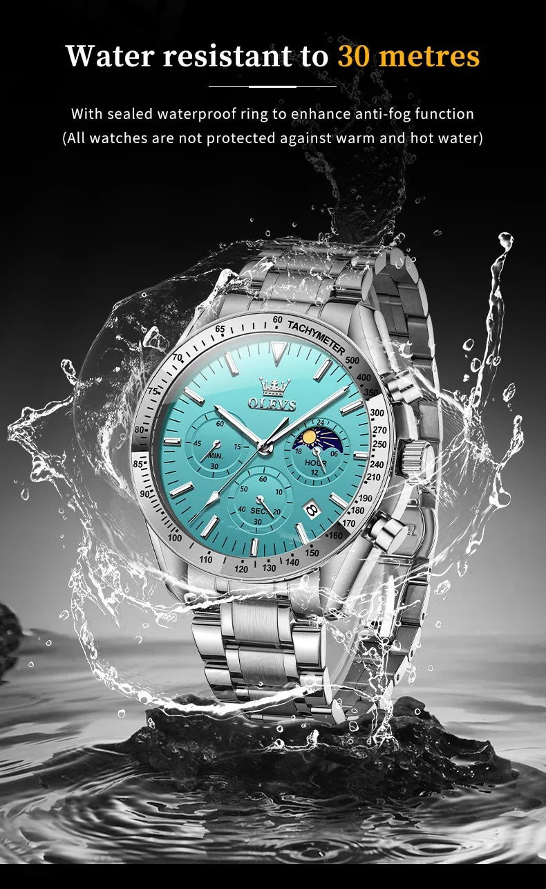 OLEVS 3618 Waterproof Luminous Date Moon Chronograph Wristwatches Mens Luxury Stainless Steel Quartz Watch for Men Reloj Hombre
