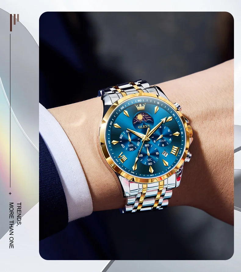 OLEVS 3653 Original Mens Quartz Watch NEW Four Functional Small Dials Chronograph 24-hour Moon Phase Stainless Steel Waterproof Man Wristwatch