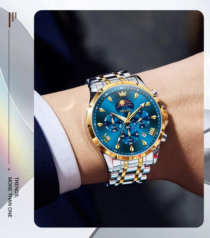OLEVS 3653 Original Mens Quartz Watch NEW Four Functional Small Dials Chronograph 24-hour Moon Phase Stainless Steel Waterproof Man Wristwatch