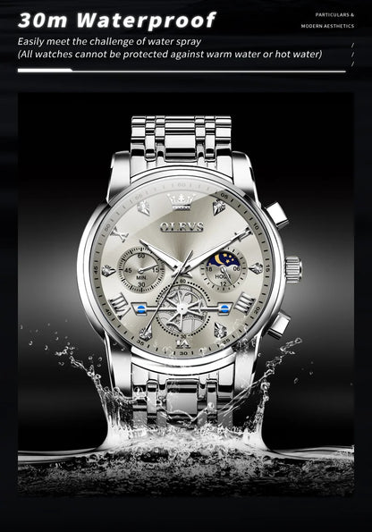OLEVS Men's Watches Classic Multifunctional Flywheel Chronograph Original Quartz Wristwatch Moon Phase 24 Hour Waterproof Reloj