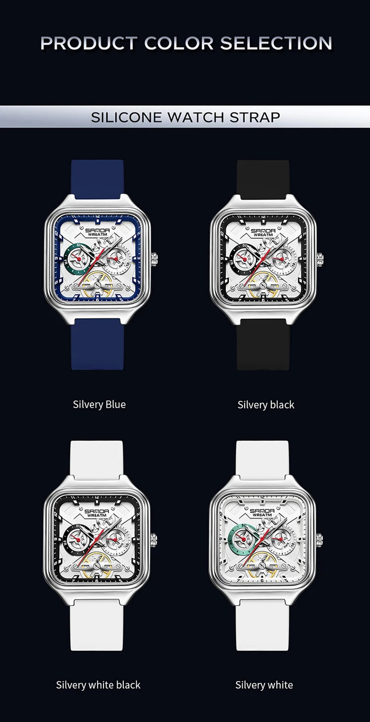 SANDA New Casual Men's Square Watches Fashion Hollow Skeleton Luminous 5ATM Waterproof Multifunction Chronograph Quartz Watch