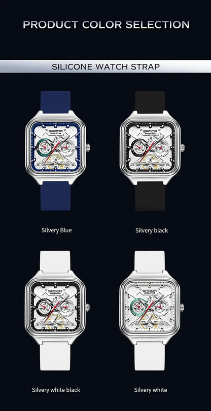 SANDA New Casual Men's Square Watches Fashion Hollow Skeleton Luminous 5ATM Waterproof Multifunction Chronograph Quartz Watch