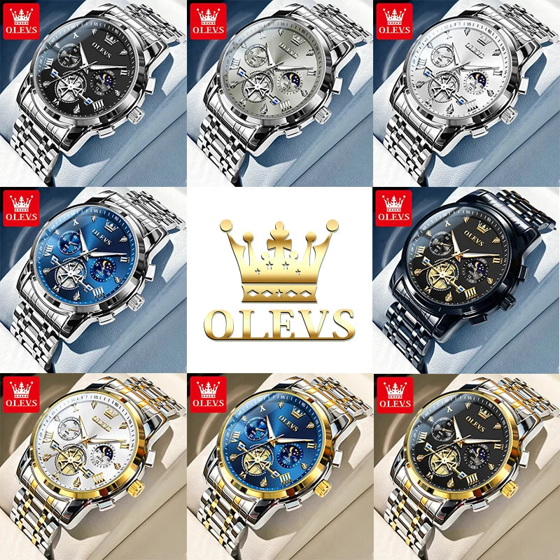 OLEVS Men's Watches Classic Multifunctional Flywheel Chronograph Original Quartz Wristwatch Moon Phase 24 Hour Waterproof Reloj