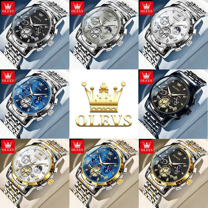 OLEVS Men's Watches Classic Multifunctional Flywheel Chronograph Original Quartz Wristwatch Moon Phase 24 Hour Waterproof Reloj