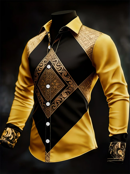 New men's 3D printed long sleeved shirt with high-quality gear pattern casual long sleeved lapel top