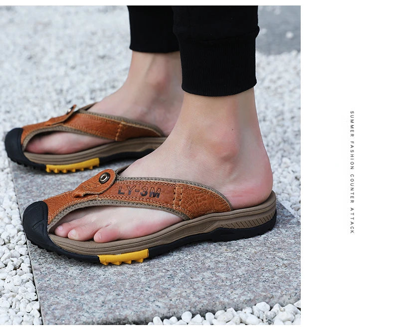 Genuine Cow Leather Shoes Men Sandals Flip Flops Men's Casual Shoes Classic Massage Men Beach Slippers Anti-slip Summer 2025 New