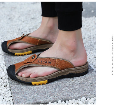 Genuine Cow Leather Shoes Men Sandals Flip Flops Men's Casual Shoes Classic Massage Men Beach Slippers Anti-slip Summer 2025 New
