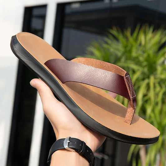 2023 New Italian Leather Flip-flops For Men Cool Beach Summer Shoes Hotel Slippers Man Big Size 47 Light Flats Luxe Men's Shoes