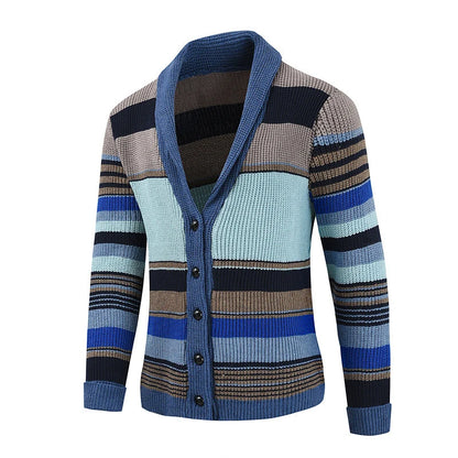 Trendy Mens Knitted Cardigans 2025 Spring Casual Button-up Lapel Sweatercoats Men Vintage Rainbow Striped Sweater Jacket Coats