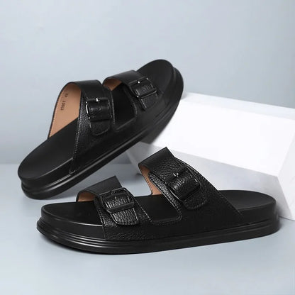 Summer Men's Slippers High Quality Cow Leather Sandals Outdoor Non Slip Platform Sandals Comfort Casual Slippers for Men Slides