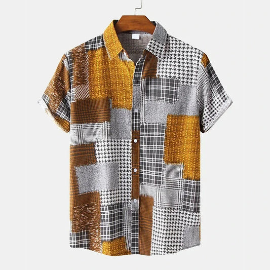 Vintage Splicing Pattern Hawaiian Shirt for Men Colorful Square 3D Printed Short Sleeve Blouse Casual Button Loose Aloha Shirts
