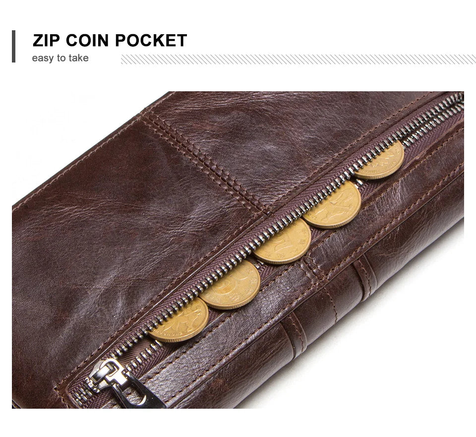 CONTACT'S Men Clutch Wallet Genuine Leather Long Wallet Hasp Card Holder Vintage Male Zipper Coin Purse Money Clip Women Purse