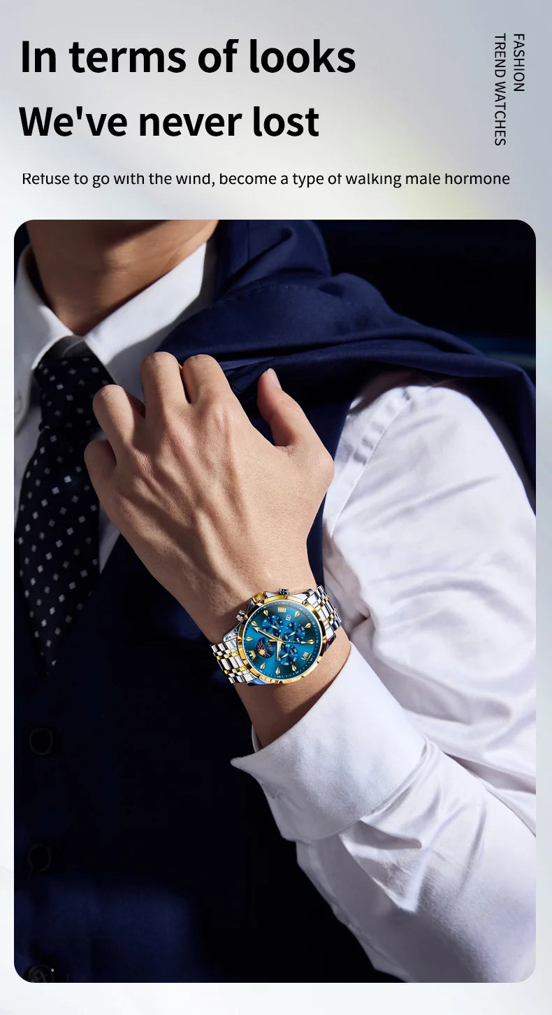 OLEVS 3653 Original Mens Quartz Watch NEW Four Functional Small Dials Chronograph 24-hour Moon Phase Stainless Steel Waterproof Man Wristwatch