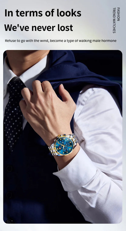 OLEVS 3653 Original Mens Quartz Watch NEW Four Functional Small Dials Chronograph 24-hour Moon Phase Stainless Steel Waterproof Man Wristwatch