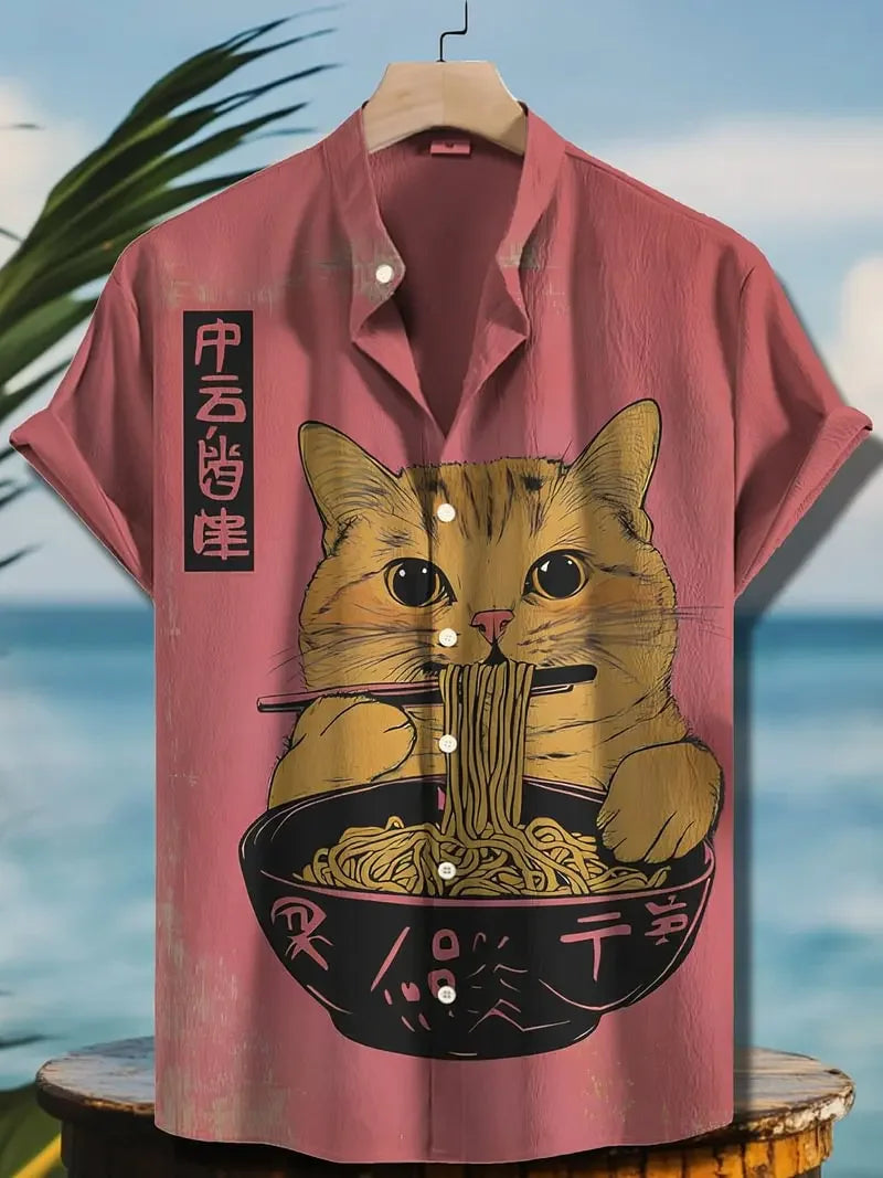Men's Edo Cat Samurai Warrior Japanese Art Anime Shirts 3D Print Casual Hawaiian Shirts Summer Men Women Short Sleeve Blouse Top