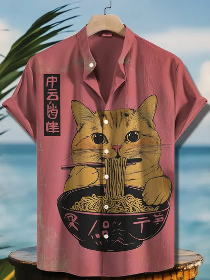 Men's Edo Cat Samurai Warrior Japanese Art Anime Shirts 3D Print Casual Hawaiian Shirts Summer Men Women Short Sleeve Blouse Top