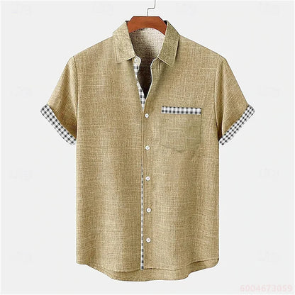 2026 Summer Men's Short-Sleeve Shirt, Coconut Tree Print, Color-Blocked Placket, Casual Vacation Beach Shirt, Hawaiian Shirt