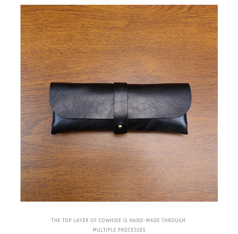 Genuine Leather Men Pencil Bag Handmade Wallet Large Capacity Retro Glasses Storage Bag Stationery Pencil Case Unisex Purses