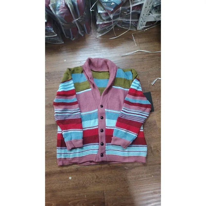Mens 2026 Fall Winter Color Block Cardigan Collared Knit Sweater Jacket Casual Outerwear