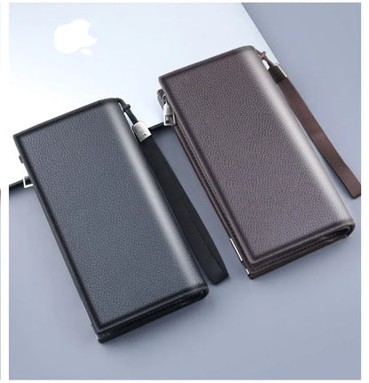 Long Clutch Men PU Material Zipper Hasp Cell Phone Bag Card Holder Coin Pocket Large Capacity Multifunctional Handbag Business