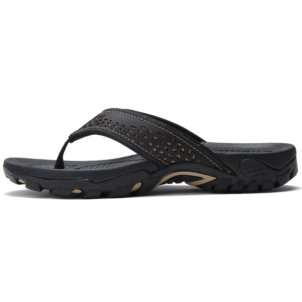 Plus Big Size 49 50 51 52 Mens Flip Flops Slippers PU Leather Beach Shoes TPR Outsoles Hard-Wearing Outdoor Style