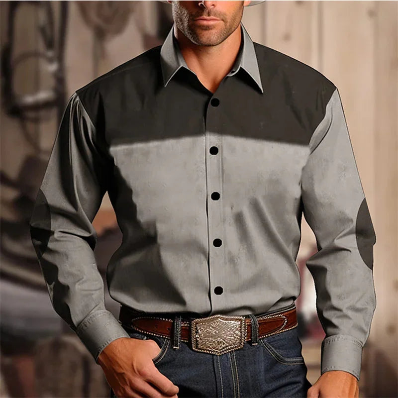 Men's Western Shirt Vintage Pattern Lapel Long Sleeve Button Print Top Fashion Streetwear Designer Western Style