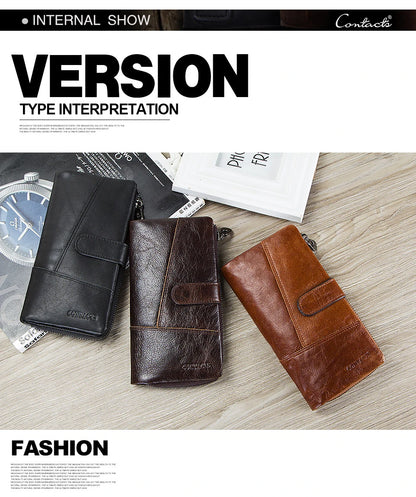 CONTACTS Genuine Leather Men Wallet Long Vintage Bifold Men's Wallet Zipper Coin Purses Large Capacity Money Clips Card Holder