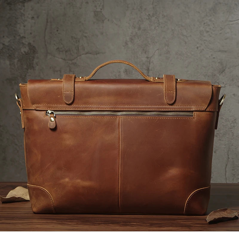 NUKA Men's Leather Handbag Vintage Business Briefcase Crazy Horse Cowhide Messenger Bag Deluxe Shoulder Bag For 15.6 Inch Laptop