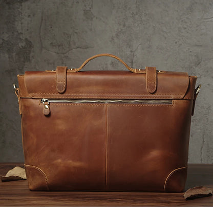 NUKA Men's Leather Handbag Vintage Business Briefcase Crazy Horse Cowhide Messenger Bag Deluxe Shoulder Bag For 15.6 Inch Laptop
