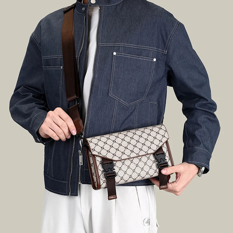 Men's Classic Printed Crossbody Bag – Gray Geometric Pattern Sling Bag with Buckle Closure Ideal for Daily Commute & Casual Wear