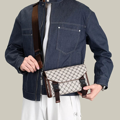 Men's Classic Printed Crossbody Bag – Gray Geometric Pattern Sling Bag with Buckle Closure Ideal for Daily Commute & Casual Wear