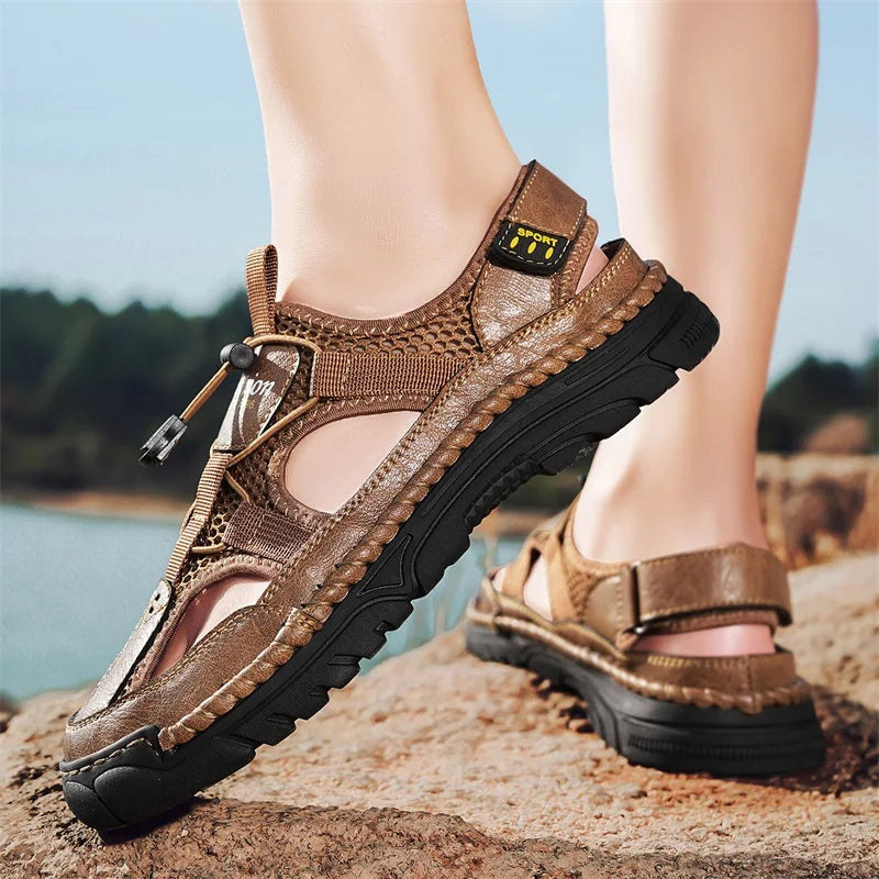 Men's Handmade Simple Letter-Print Sandals, Summer Beach Hollow Sandals, Fashionable Velcro Men's Shoes, Outdoor Hiking and River-Tracing Shoes, Comfortable, Breathable, Wear-Resistant, Non-Slip, Large Size Men's Shoes