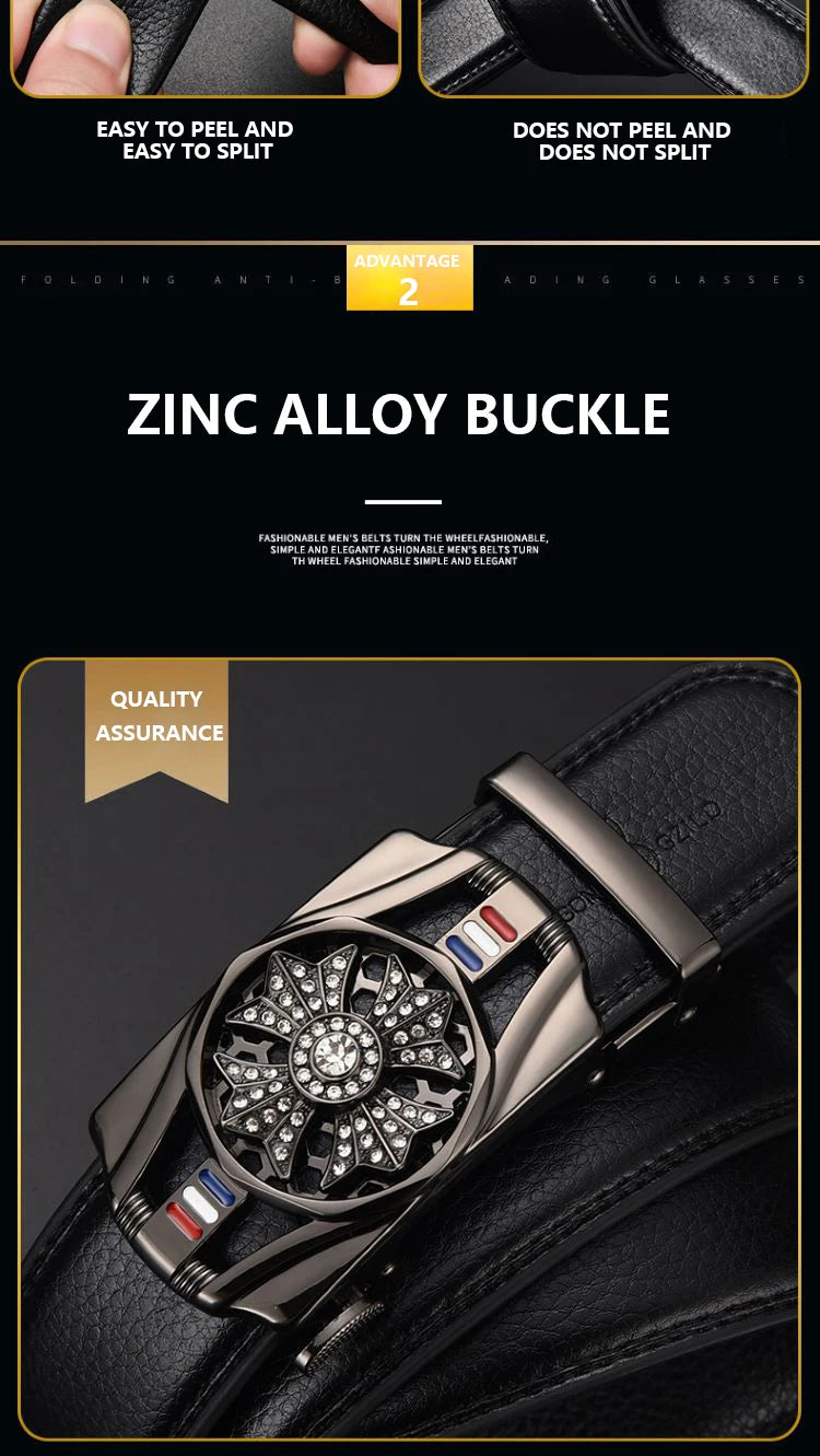 Mens Belt Material Metal Rotatable Buckle  Leather Belt High Quality Men Business Belt Golden Waist Buckle Rhinestone De