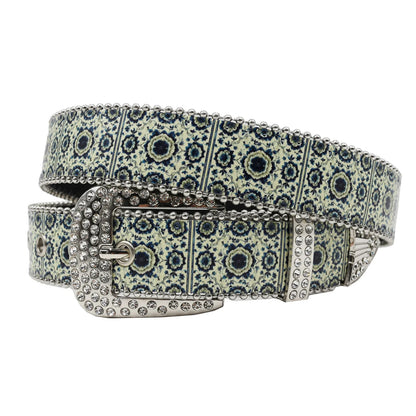 Rhinestone belt blue totem print New Women's Fashion Rhinestone Versatile Fashion PU Leather Belt Jeans Punk Rock Y2K Belt