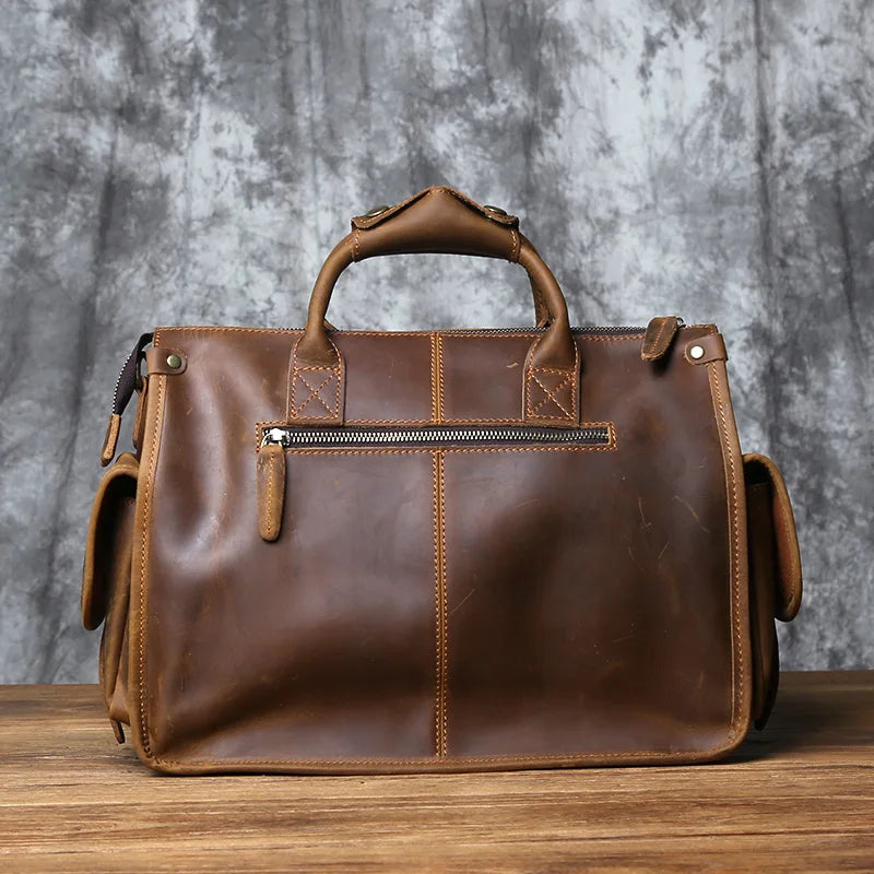 NZPJ Vintage Genuine Leather Men's Briefcase Crazy Horse  Handbag Natural Cowhide Travel Bag Casual Shoulder Crossbody Bag