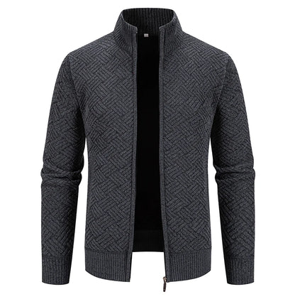Mens Sweaters Jacket Full Zip Fleeced Sweater Cardigan Plaid Stand Collar Sweaters Coat Autumn Winter Homme Clothes