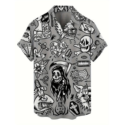 Skull 3D Printed Men's Hawaiian Shirt Street Gothic Style Trendy Vintage Lapel Tops Summer Y2K Casual Short Sleeve Beach Shirt