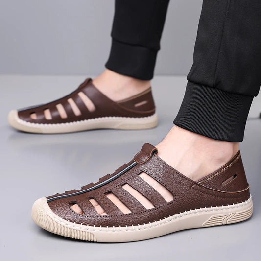 Outdoor Men Summer Sandals Breathable Hollow Leisure Anti Slip Leather Beach Shoes Fashionable Man Comfortable Hole Shoes