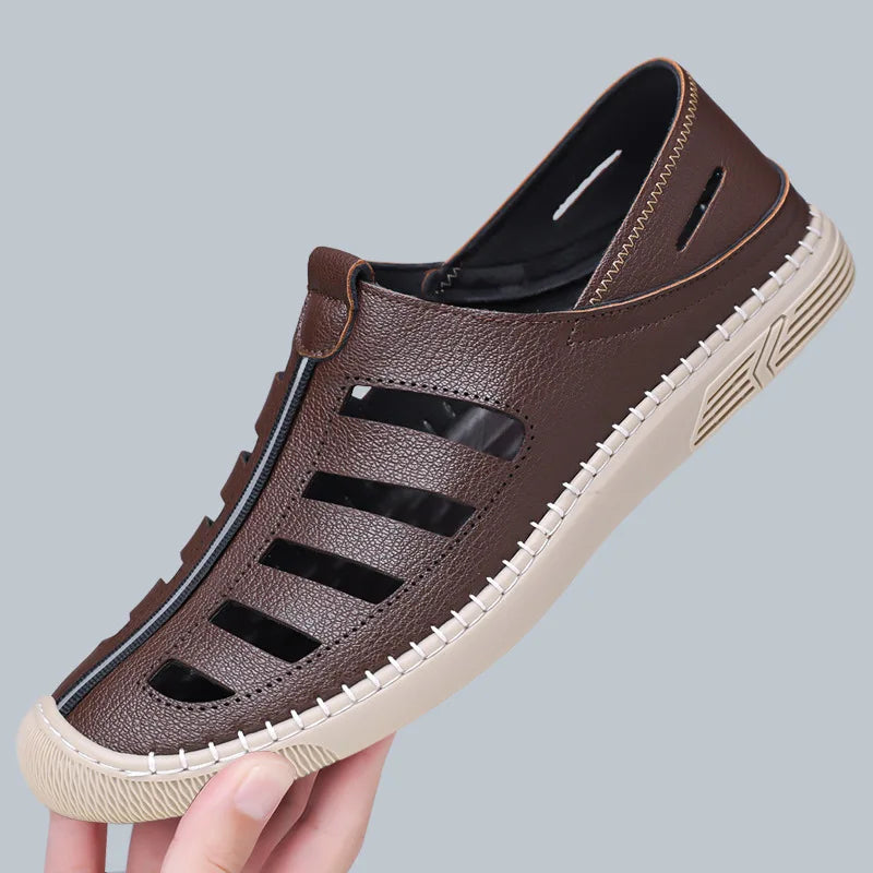 Outdoor Men Summer Sandals Breathable Hollow Leisure Anti Slip Leather Beach Shoes Fashionable Man Comfortable Hole Shoes