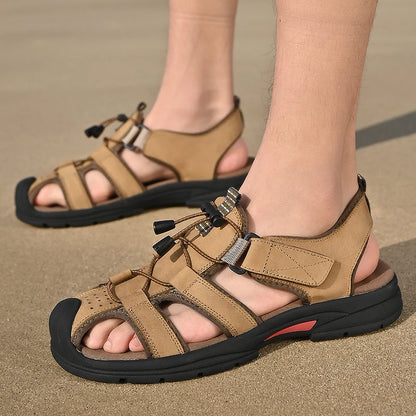 Genuine Leather Mens Water Beach Sandals Summer Closed Toe Sandals Non-slip Hiking Wading Sneakers Quick Dry Wading Aqua Shoes