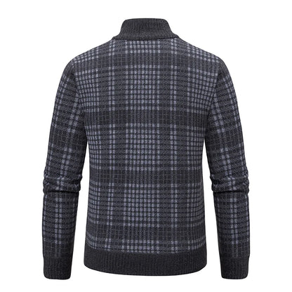 Mens Sweaters Jacket Full Zip Fleeced Sweater Cardigan Plaid Stand Collar Sweaters Coat Autumn Winter Homme Clothes