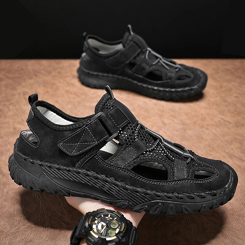 Men Outdoor Protective Toe Sandals Hollow Breathable Mesh Upper Quick Dry Lining Non Slip Walking Camping Driving Casual Shoes
